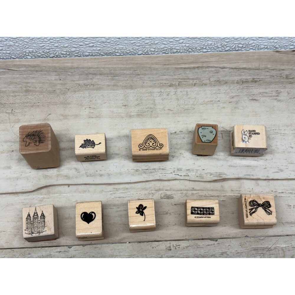 Set Of 10 Mixed Brands Wood Mounted Rubber Stamps